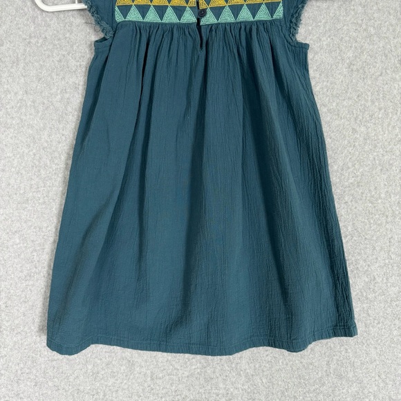Tea Collection Dress Girl Size 4 Teal Blue Embroidered Flutter Sleeve Geometric - Picture 4 of 12